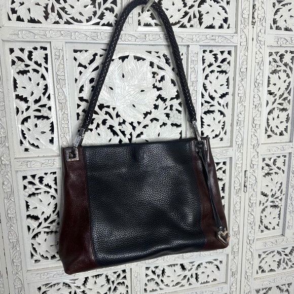 Brighton Black & Brown Pebbled Leather Braided Strap Medium Shoulder Bag - Picture 1 of 8